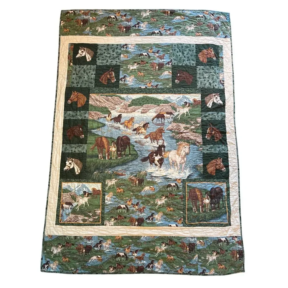 Handmade Horse patchwork Large Quilt stitched embroidered cottage blanket 55x79”